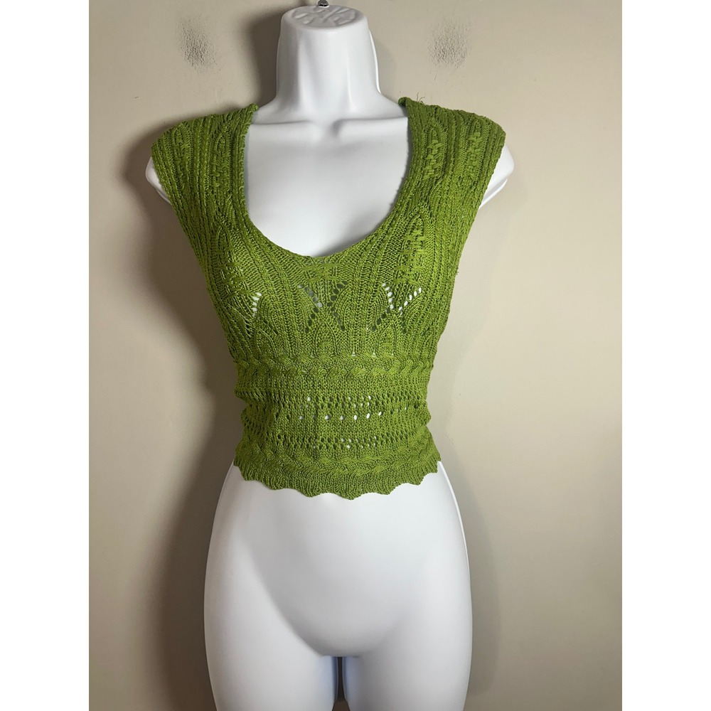 12th Tribe Green Crochet Pointelle Knit Crop Top Sleeveless V-Neck Small Boho